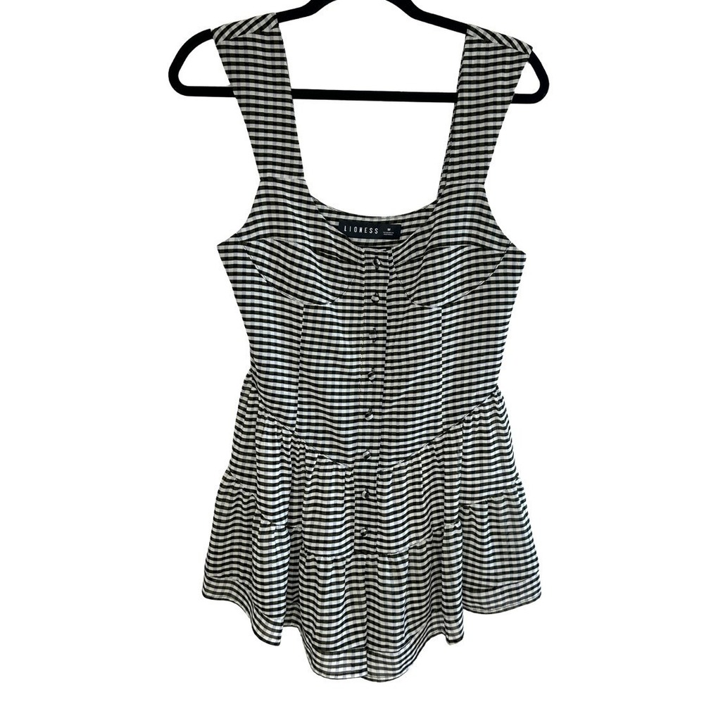 Lioness Winona Romper Black Check Gingham Bustier Button Front Tiered Ruffle M - Picture 4 of 12